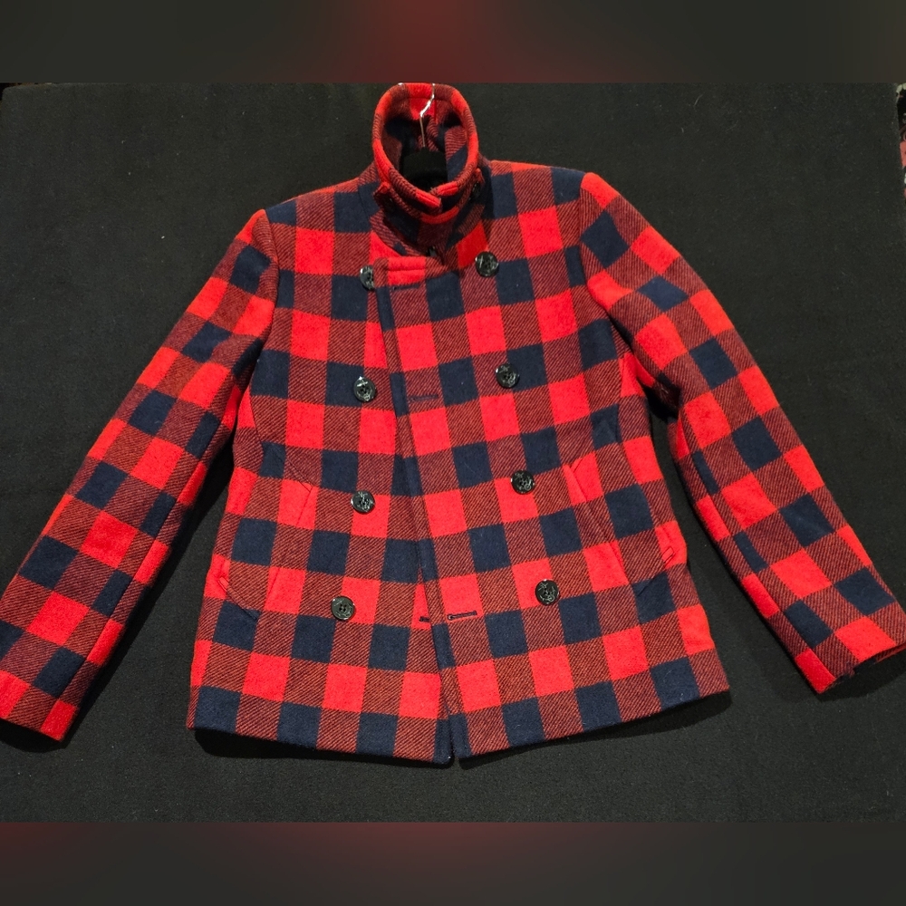 J. Crew Red Navy Blue Buffalo Plaid Wool Coat Jacket Women's Size 2